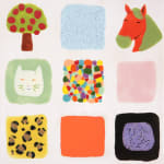 one of four ceramic tiles with nine squares, each containing either a pattern, an animal, or organic shape by Lorien Stern