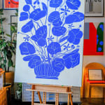 Painting of blue flowers in a vase on a white background by Sebastian Curi