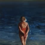 Kim Cogan painting of older woman in red bathing suit standing in ocean
