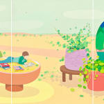 Danym Kwon - A 3 panels painting of vases, plants, and a bowl with back ground of low saturated green sky and yellow landscape. From left to right, a vase with greens and painted scenery of a person in snowy forest on it; a person laying on a bowl of noodle reading; two potted plants; an empty vase with painted scenery of a person swimming in a lake surrounded by forest.