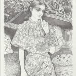 Drawing of a woman with her hand pointing to her lips and the other is holding a pair of sheers. . There si a tree and a small house n the background