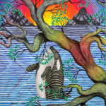 Painting of an orca breaching out of the water with a tree in the foreground and a setting sun and two mountains in the background by Andrew Schoultz