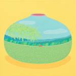 Danym Kwon - painting of a vase with mouth in pink in front of yellow background. On the vase painted a red car driving across the landscape of lawn and forest, on the left a tree branch reach toward the center.