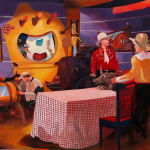 Painting of a television set with three men dressed as cowboys standing around a table with a red and white checkered table cloth. In the background is a painting on the wall of a cowboy and other western paraphernalia