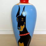 Jillian Evelyn - Sculpture of repurpose vase painted with dogs, blue background, red top