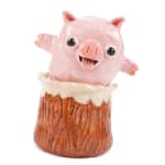 Katie Kimmel's ceramic sculpture of a piglet popping out of a wood tree trunk
