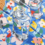 Annie Duncan painting of clear nail polish bottle - open with brush on side. Bright floral background