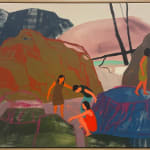 framed painting of 4 people climbing among various colored rocks