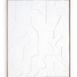 Side view of a framed white wood relief sculptural piece made up of spiral shapes and curves by artist Scott Albrecht