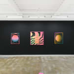 Install image of "Cosmic Bloom." From left to right, "GLEAMINGLOOP," "WAVEFORMPORTAL," "BLACKHOLEGLOW."