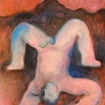 Carlos Rodriguez - painting on paper of a man laying down, head towards the viewers. His legs were bended lifted up the bottom part of his body. The background painted a mountain is red sky.