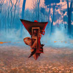 Painting of a misty forest with blue trees and pink sky, floating above a pebbled ground is an abstract brown and red object