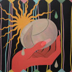 Painting of a red hand with long finger nails holding a block of queso fresco with a yellow sun behind it