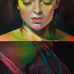 Painting of a woman in two panels one showing her face with her eyes closed, the other a side profile of her exposed breast