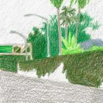 sketch of a palm trees and streetlights