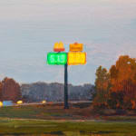 Painting of an interstate highway along a fiend with a few trees and a large neon sign