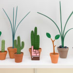 Jeff Canham wooden plant sculptures in terra cotta pots - in a cluster on a shelf