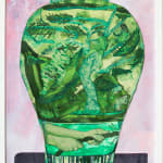 David Heo's piece on paper of a green vase with a pink and purple background