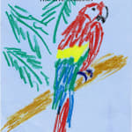 Drawing of a red parrot on a tree branch on blue hotel stationery