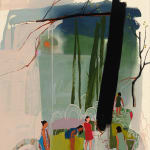 painting of an abstract landscape with multiple female figures amongst the trees by Seonna Hong