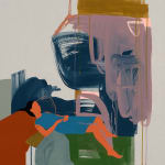 faceless woman reclining on muted abstract blobs