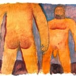 Carlos Rodriguez - painting of two men facing one another, one facing front and the other facing back. The background was painted with blue and purple. The brush strokes were rough.