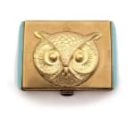 Gold square cosmetic compact with gold owl and blue