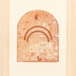 Madeleine Tonzi - Traced print in shades of red of two arches at the horizon in front of mountains and beneath the half dark and half light orb.
