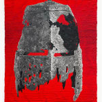 Andrew Schoultz - painting of medieval helmet on deep red background