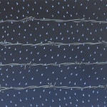 Painting of four rows of barbed wire on a night sky background with bright blue and white rain drops falling from the sky.