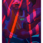 Painting of two people embracing each other under a pink neon light.