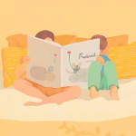 Danym Kwon - detail of "A Cozy Afternoon With Frederick", the two people sitting together leaning on orange pillows. One wears orange the other wears blue and green. They are reading a book with white cover.