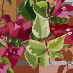 detail of Natalia Juncadella painting of tiles, orchid, oranges on plate and shadows