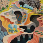 Paitning of a colorful landscape with winding roads and caves