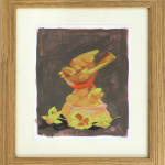 framed painting of a bird figuring over yellow cut flowers