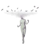 Collage on paper of a nude woman with letters coming out of her head