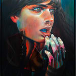 Portrait of a woman holding her hands to her bottom lip turning it out. She has long dark brown hair and eyes.