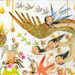 Detail shot of a painting by Mu Pan of creatures, animals and human hybrids eating, sleeping, killing, flying and climbing