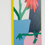 Painting of a white jug with a handle and black lines. There is a yellow vase with purple flowers in it and three oranges in on the black table and a light blue background.
