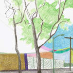 sketch two trees on a sidewalk with street lamps
