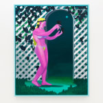 Corey K. Lamb - nude female figure with tan lines in front of latticed garden hedge