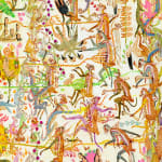 Detail shot of Mu Pan painting of animals and human hybrid creatures eating, fighting, sleeping, etc