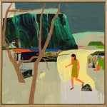 framed painting - woman in a green dress walking through a disjointed abstract background