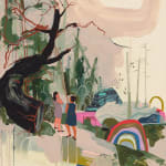 painting of a large curved black tree set in an abstract landscape with two figures by Seonna Hong