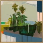 framed painting of disintegrating street landscape featuring palm trees and street lamps