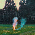Painting of a firework going off in the middle of field with dark trees in the background