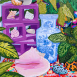 vibrant still life painting of plants, shells, purple cinder blocks, and an ornate blue and white vase by Anna Valdez