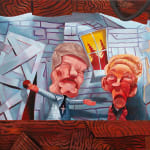 Painting of two elderly male puppets, the background is a house that is crumpling down with a window that overlooks two trees