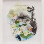 framed image of Gregory Euclide mixed media landscape with torn paper and acrylic