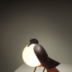 FRANÇOIS-XAVIER LALANNE: Lampe Pigeon, Circa 1991, Bronze patiné, cuivre patiné et opaline